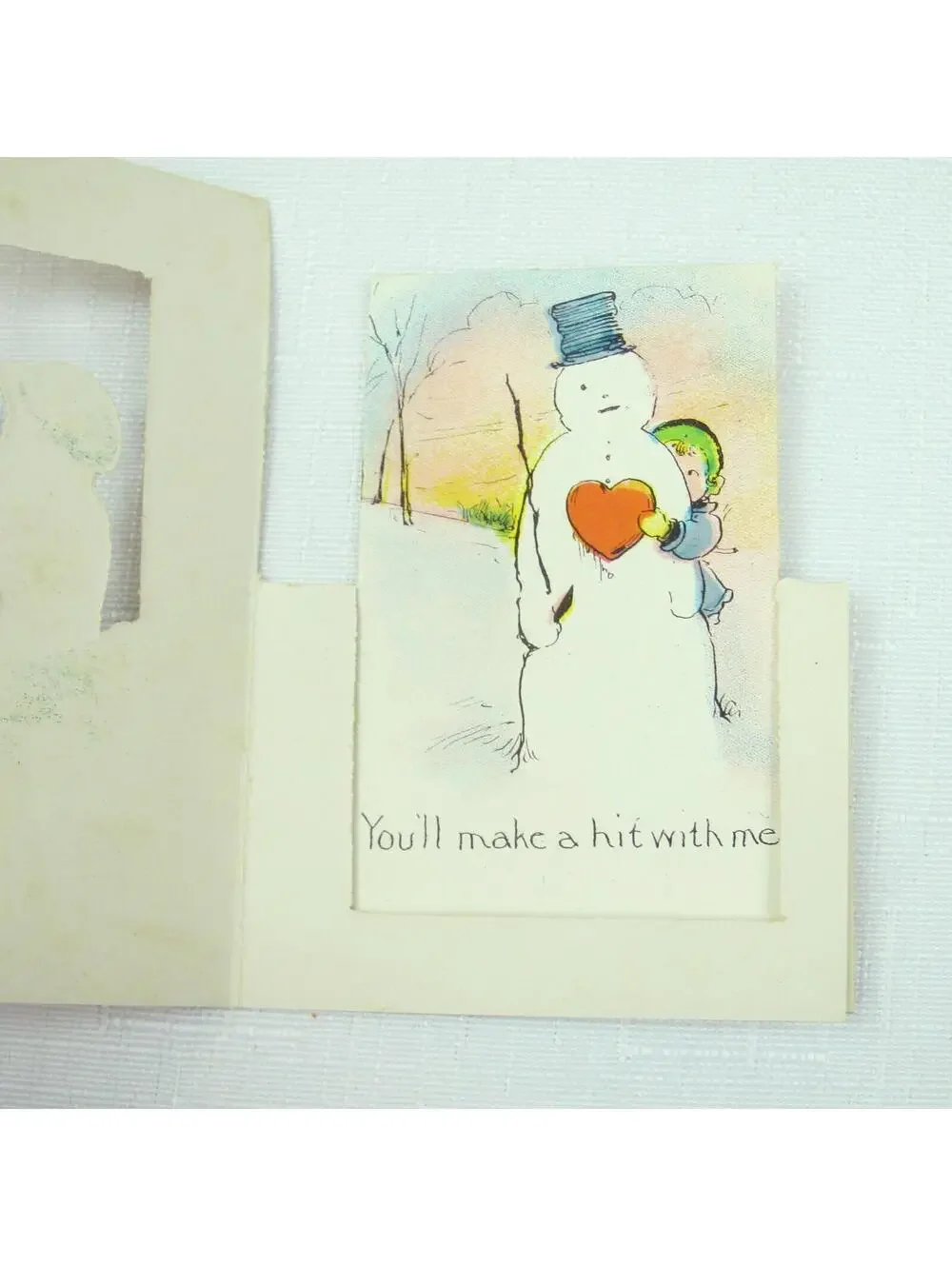 Vintage Valentine Diecut Fold 3D Boy & Girl Snowballs Snowman 1920s-30s UNSIGNED